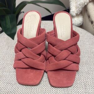 Women's Braided Block Heel Mules. Pink Suede. Size 6.5